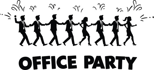 Black silhouettes of people in suits and dresses holding hands walking with celebratory lines above office party