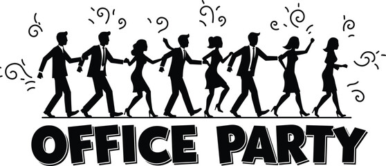 Black silhouettes of people in suits and dresses walking in a line with celebratory swirls office party