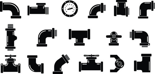 Collection of black plumbing pipe fittings and pressure gauge icons connection elbow