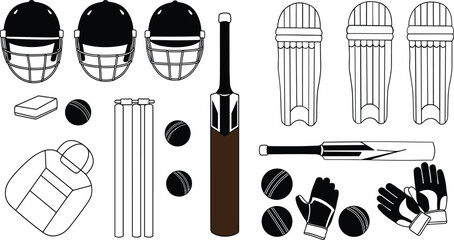 Cricket equipment collection including helmets bats balls wickets gloves and pads sport
