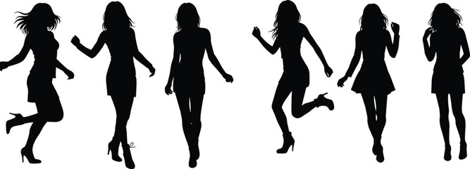 Six black silhouettes of women in various poses on white background woman female