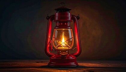 A vintage red oil lantern with a warm glowing flame sits on a rustic wooden surface in a dimly lit room.