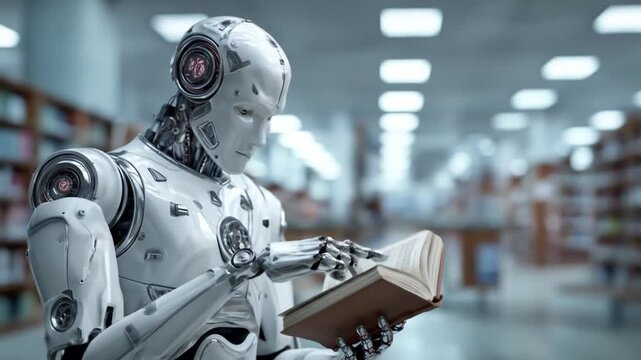 A sleek humanoid robot in a bright library reads an open book, gears visible under panels and calm!!