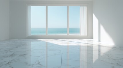 Fototapeta premium Empty room with ocean view, white marble floor, natural light