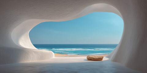 Fototapeta premium Minimalist concrete archway overlooking serene ocean and sandy beach