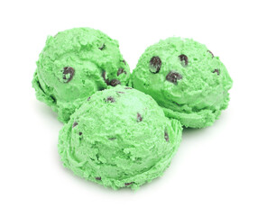 Balls of mint chocolate chip ice cream isolated on white