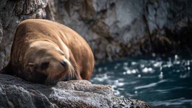 A sea lion lounges on rugged rocks beside a dark, churning blue sea, calm and alert. tranquil scene!