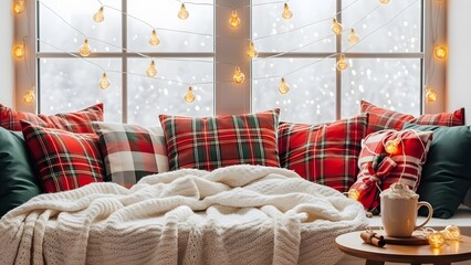 Luxury hotel room interior with comfortable sofa, Christmas decoration on the table, and stylish bedroom design