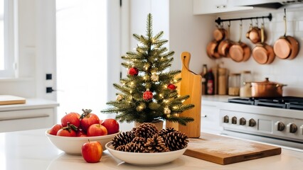 Cozy Christmas interior room with decorated fireplace, tree, and wood floor decor