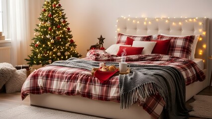 Luxury hotel bedroom interior Christmas design with comfortable bed, pillows, and decorative lamp