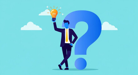 Businessman holding a light bulb against a giant question mark, symbolizing creativity and problem-solving