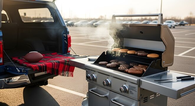 Propane grill cooking burgers and hot dogs with a pickup truck and football in a stadium parking lot for NFL playoffs tailgate concept and game day celebration
