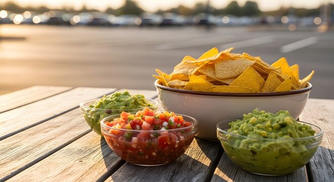 Delicious nacho chips, salsa, and guacamole dips arranged on a rustic wooden table outdoors for an NFL playoffs tailgate party concept during golden hour