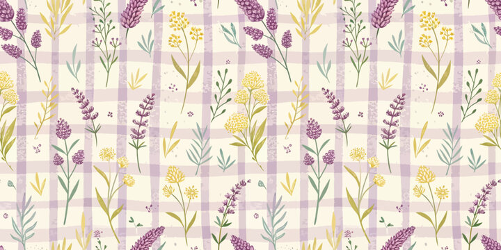 A vibrant, floral pattern featuring lavender and wildflowers on a soft pastel checkered background.