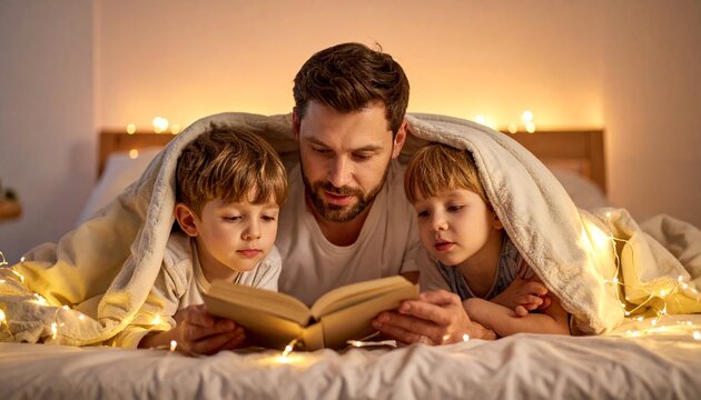 Ein Vater liest ein aufgeschlagenes Buch vor, w&auml;hrend zwei m&uuml;de Kinder unter einer Decke kuscheln