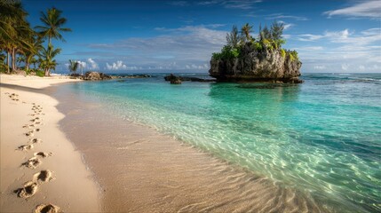 Tropical beach scene with turquoise water and island formation on a sunny day