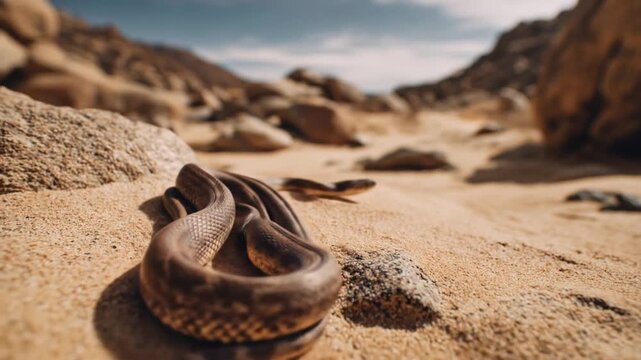 Coiled brown snake upon sunlit sandy shore jagged rocks behind warm light desert seascape and dunes