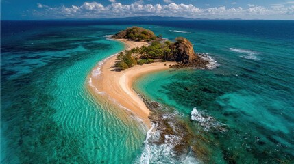 Obraz premium Tropical island paradise with turquoise water sandy beach and blue sky