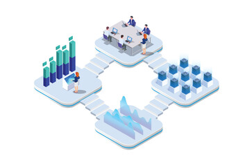 isometric office concept with characters. Freelancer concept, coworking people, ceo business workspace for creative businesswoman. Standing employee space for businessmen. Flat Isometric illustration.