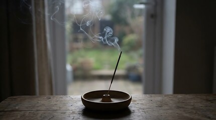 Incense stick on ceramic holder, trailing smoke lines visible, low light calm mood