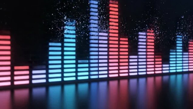 Digital Audio Equalizer Bars Displaying Red and Blue Lights on a Reflective Surface with Dark Background