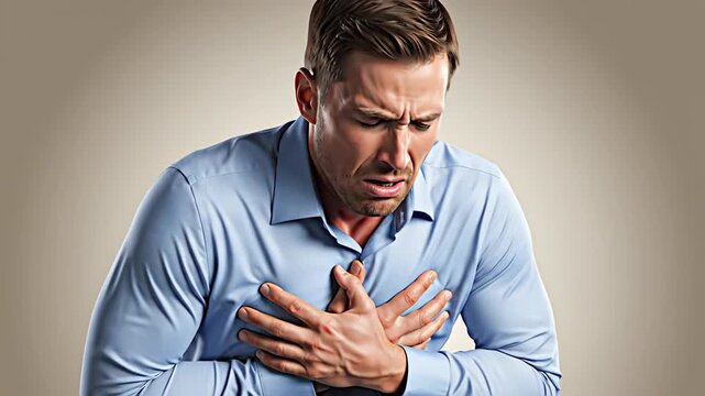 Man Experiencing Severe Chest Pain, Grasping His Sternum In Distress, Health Issues
