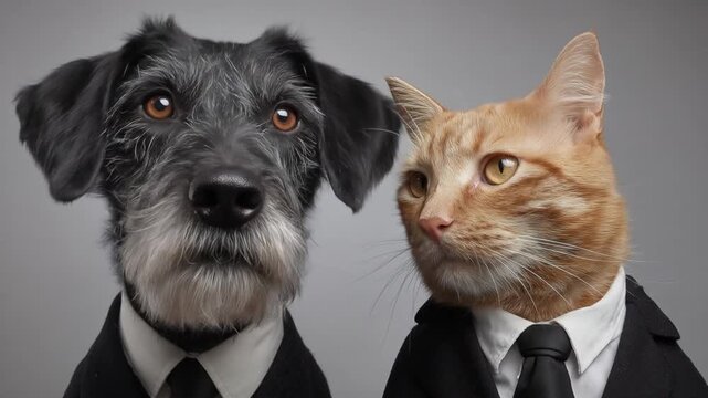 Two formally dressed pets, a gray dog and an orange cat, pose in tuxedos and ties. They exude charm