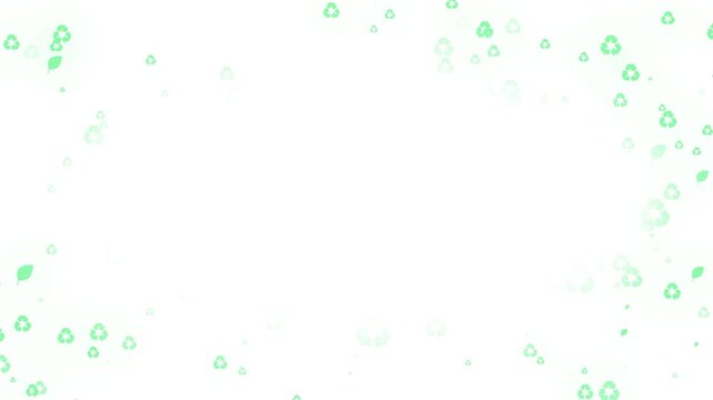 Swirling recycling and leaf icons on a white background with center copy space, representing environmental sustainability, reuse and regeneration.