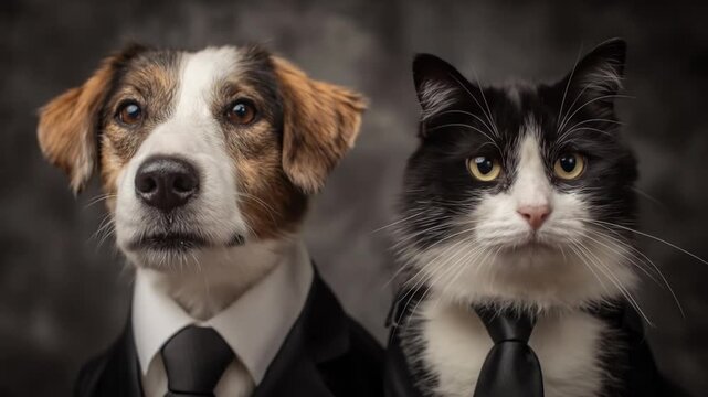 Formal duo a dog and a tuxedo cat posing in suits and ties against a muted studio backdrop,elegant