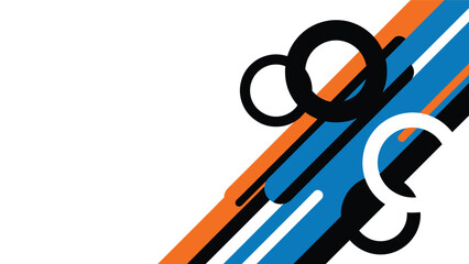 Graphic design featuring intersecting orange and blue stripes, overlaid with black and white rings, creating a dynamic and modern abstract composition.