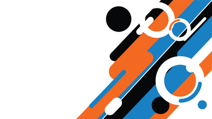 A geometric design featuring solid black circles, white outlined circles, and rounded stripes in orange, blue, and black.