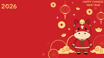 Cartoon ox in red and gold traditional clothing, celebrating Chinese New Year with lanterns, golden coins, and decorative elements.