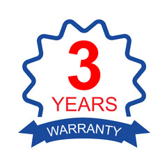 Three years warranty badge, quality guarantee label with ribbon and certification design for product reliability, service assurance, and branding