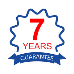 Seven years guarantee badge, premium quality warranty label with ribbon for long-term reliability certification, service assurance, and product trust