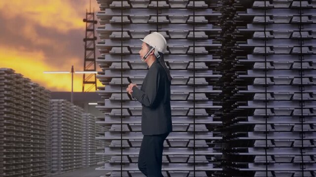 Side View of Asian Businesswoman Walking and Speech at Aluminum Ingots Industrial Warehouse