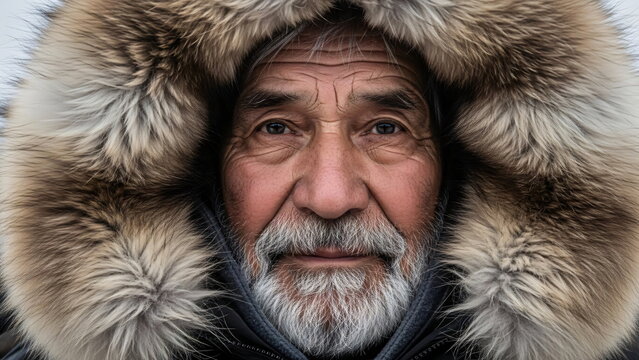 An old man in a fur-lined winter coat looks forward. Detailed portrait of an older person for travel and documentary content.