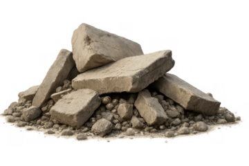 Pile of broken concrete slabs and rubble, remnants of demolition and construction waste, transparent background
