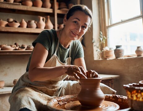 Smiling middle-aged woman making pottery on a wheel in a rustic studio
