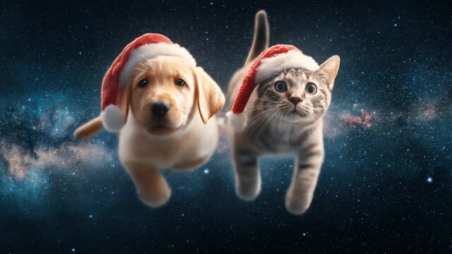 Two playful pets, a puppy and a kitten wearing Santa hats, drift through a starry cosmos vivid bold!