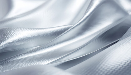Close-up of elegant silver fabric with flowing folds and soft, reflective texture, creating a luxurious and smooth abstract background.