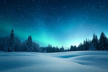 Winter landscape with aurora borealis and stars
