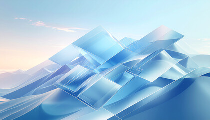 Abstract blue geometric shapes resembling ice mountains or crystal waves under a clear sky.