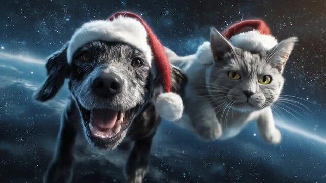 A festive dog and cat in Santa hats glide through a starry space scene beside a blue planet in view