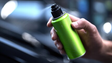 Maintenance Spray for Hybrid Cars in a Busy Service Center Setting With Blurred Background Showing Tools and Vehicles
