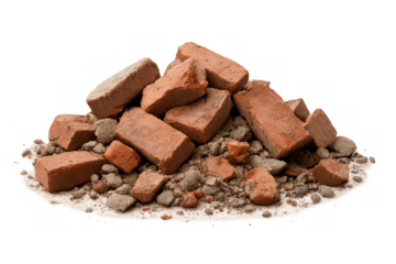 Pile of broken red bricks and rubble on transparent background, showing demolition, construction debris, and rebuilding concepts