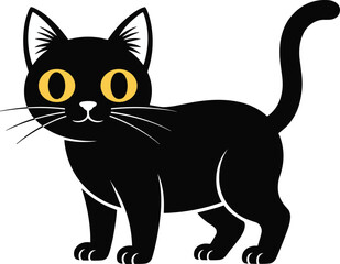 Fototapeta premium black cat, yellow eyes, cartoon feline, Halloween animal, spooky pet, bold whiskers, cad drawing flat vector illustration