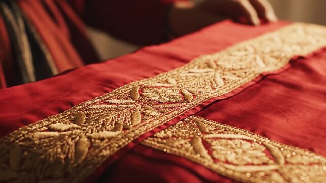 Close-up of hands sewing intricate gold embroidery onto vibrant red fabric, showcasing traditional craftsmanship and textile artistry.