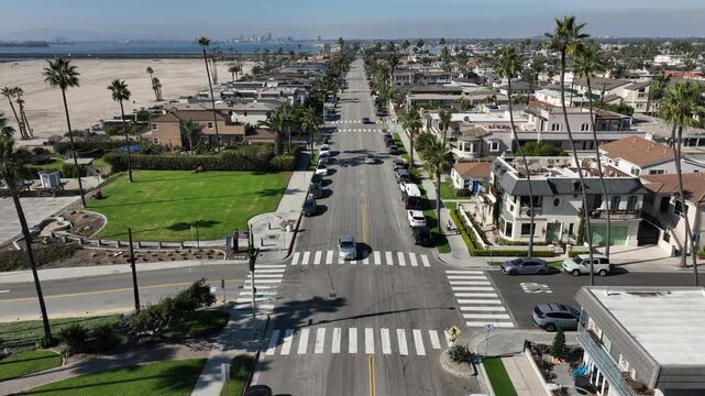 Seal Beach, California, Orange County, USA - Aerial View of Beachfront Homes on Ocean Ave on a Sunny Day Overlooking Long Beach, CA