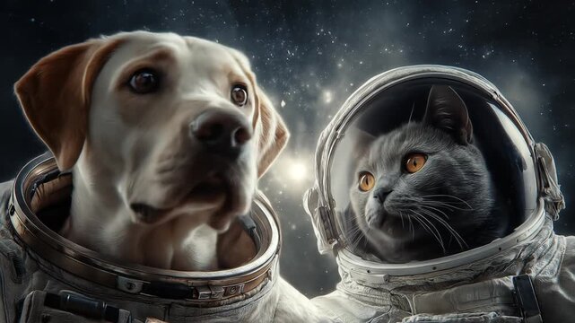 Two space-suited animals, a dog and a cat, float side-by-side under a starry cosmic glow. Bright voyage