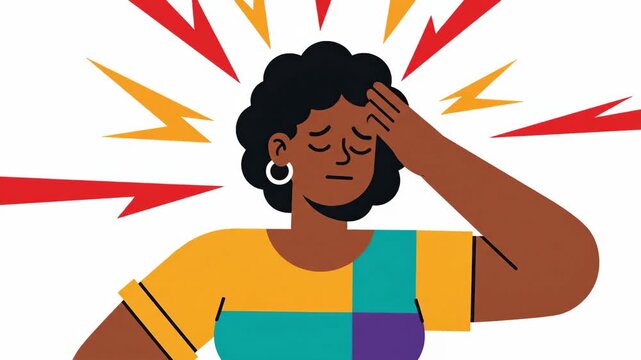 Woman Experiencing A Headache, Pain Illustrated With Explosions and Bright Colors